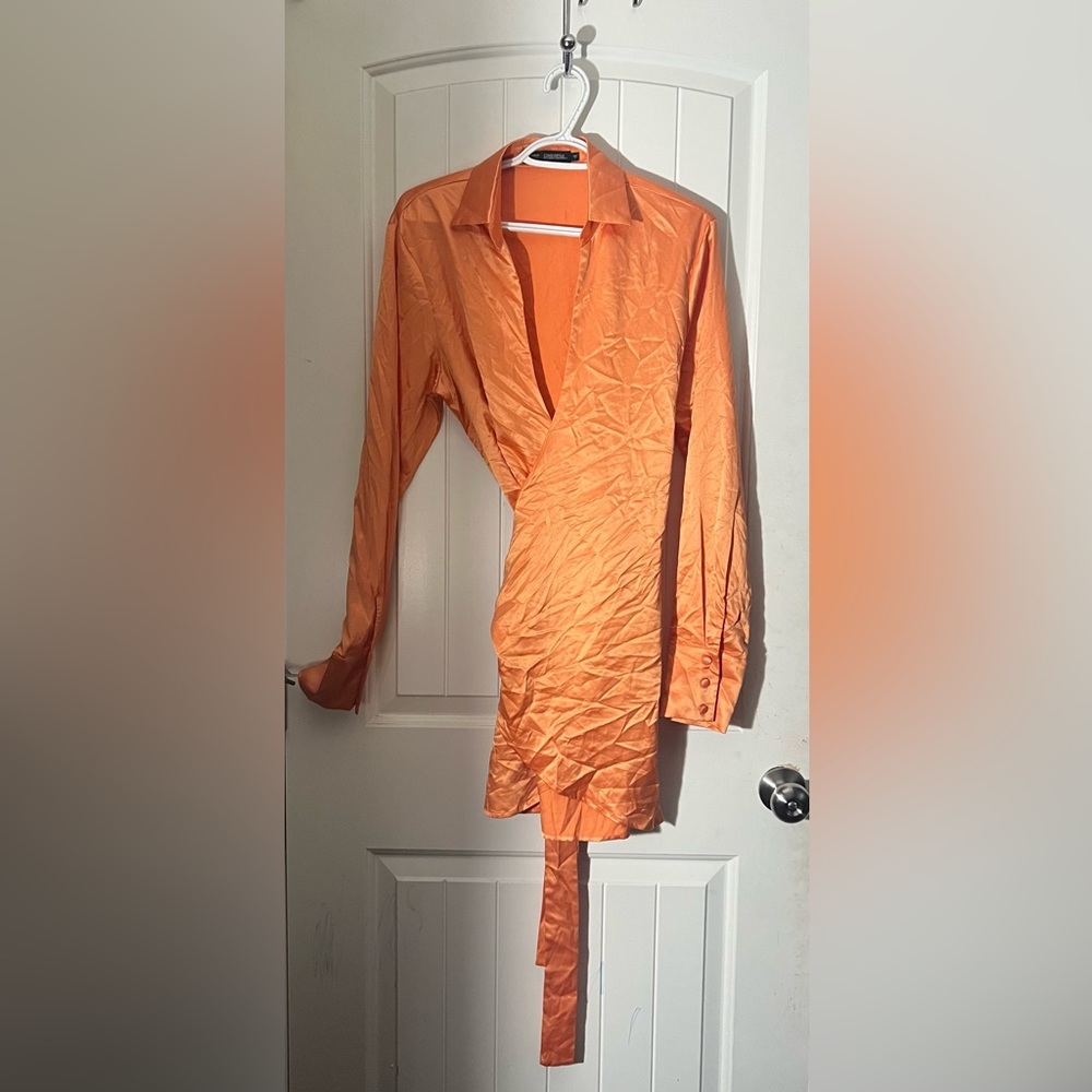 Finesse, Orange silk wrap mini dresss  size L